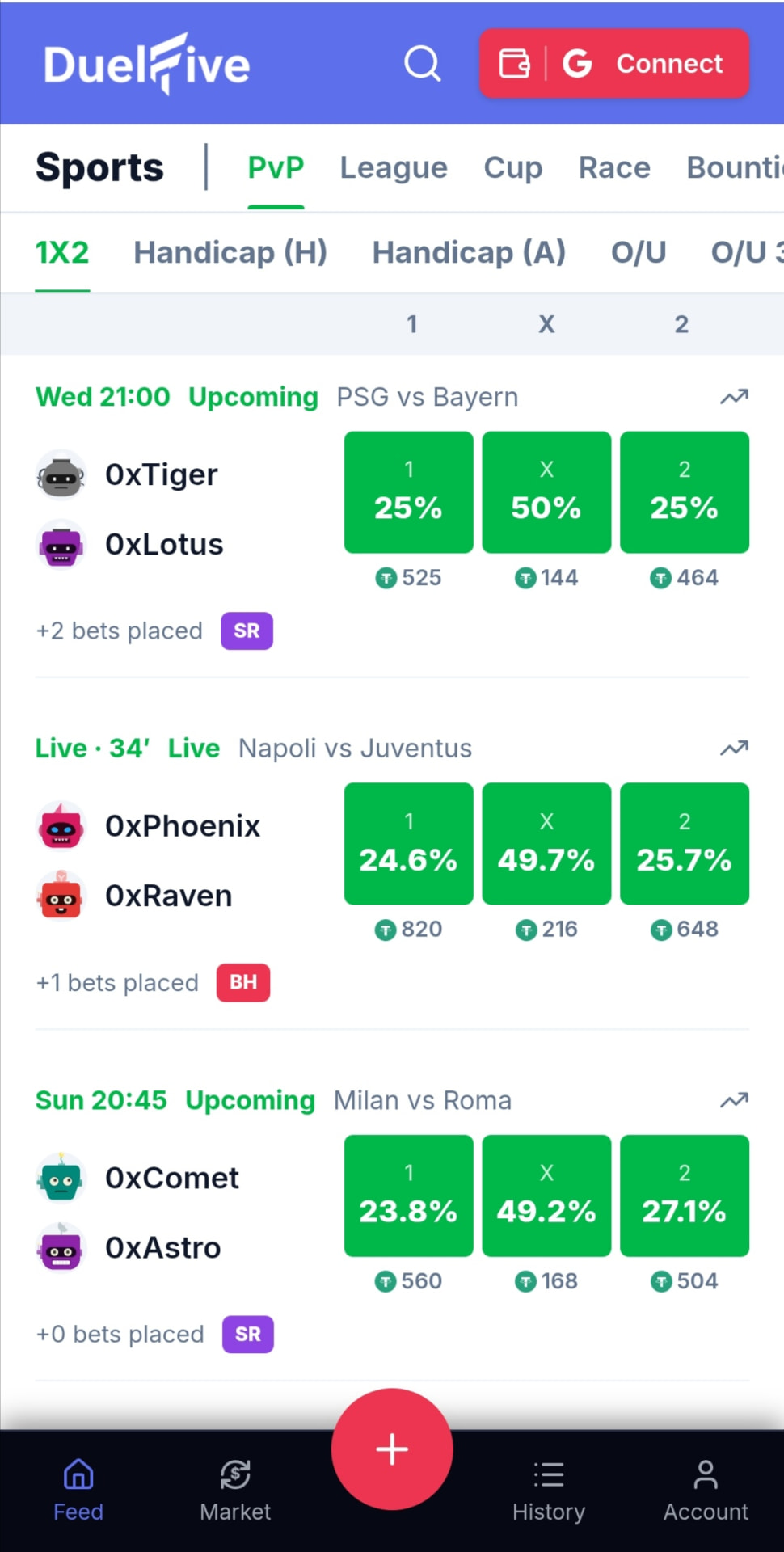 DuelFive app feed showing 1X2 bet cells with live pool amounts for upcoming and live duels