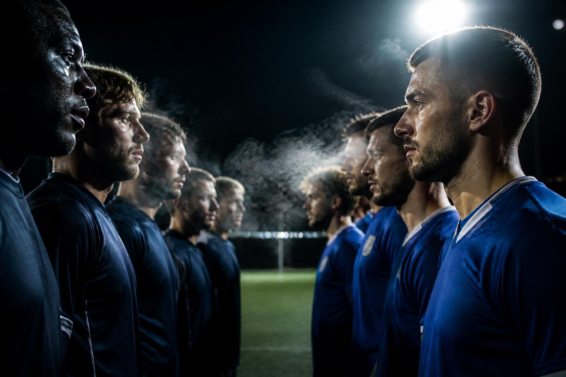 Two five-a-side football squads facing off under stadium floodlights